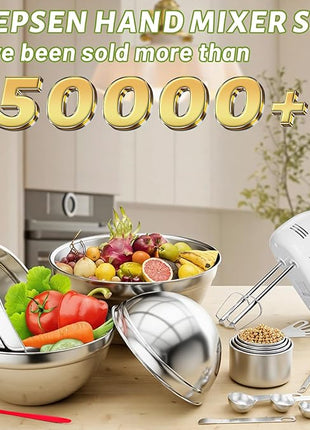 5-Speed Electric Hand Mixer, 4 Large Mixing Bowls Set, Handheld Mixers with Whisks Beater, Stainless Steel Metal Nesting Bowl Measuring Cups Spoons Kitchen Cake Blender for Baking Supplies
