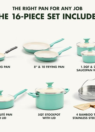 GreenPan Rio Healthy Ceramic Nonstick 16 Piece Cookware Pots and Pans Set, PFAS-Free, Dishwasher Safe, Turquoise