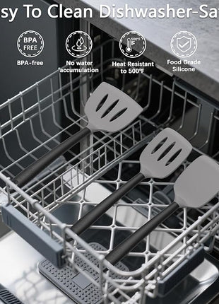 Coukre Silicone Kitchen Cooking Utensils Set with Holder – Heat-Resistant, Food-Grade Kitchen Tools, Spatula, Spoon & Gadgets for Non-Stick Pans, Dishwasher Safe (14, Gray)