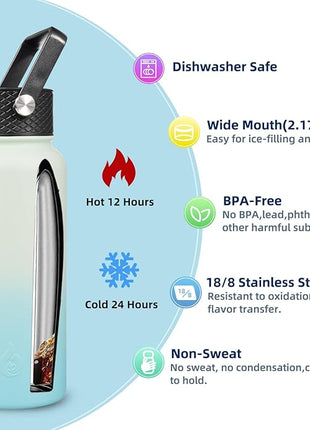 BJPKPK Insulated Water Bottles with Straw Lid, 32oz Metal Large Water Bottle with 3 Lids, Reusable Leak Proof BPA Free Thermo, Stainless Steel Tumblers for Sports, Gym, Travel-Mint