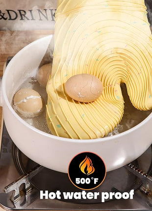 4 Pieces Oven Mitts and Pot Holders of Macaron Color Thickened Non-Slip Silicone Kitchen Gloves, Heat Resistant up to 500F, Essential for Kitchen Baking(makal-Huang)