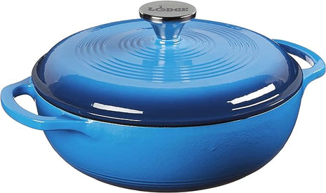 Lodge 3 Quart Enameled Cast Iron Dutch Oven with Lid – Dual Handles – Oven Safe up to 500° F or on Stovetop - Use to Marinate, Cook, Bake, Refrigerate and Serve – Caribbean Blue