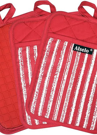 Silicone Pot Holders Set of 3 Heat Resistant & Non Slip Potholders, Professional Oven Hot Pads with Pockets Mitts for Kitchen Cooking Baking Barbecue (3, Red)