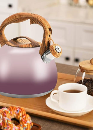 Tea Kettle for Stove Top, 3.2QT Whistling Tea Pots with Wood Parttern Handle, Stainless Steel Teapot for Home and Kitchen (Purple Gradient)
