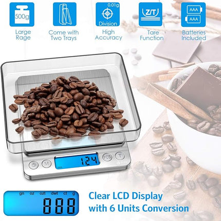 (New) AMIR Digital Kitchen Scale, 500g/ 0.01g Mini Pocket Jewelry Scale, 100g Calibration Weight, Cooking Food Scale, Back-Lit LCD Display, 2 Trays, 6 Units, Auto Off, Tare, PCS, Stainless Steel