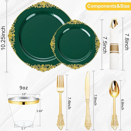 Nervure 350PCS Green Plastic Plates - Green Gold Plastic Dinnerware Sets for 50 Guests - 100 Disposable Plates, 150 Gold Silverware, 50 Cups, 50 Napkins Perfect for Wedding & Party