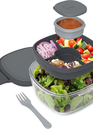 Bentgo Glass All-in-One Salad Container - Large 61-oz Salad Bowl with Lid, 4-Compartment Bento-Style Tray, 3-oz Sauce Container, and Reusable Fork - Dishwasher, Microwave, and Oven Safe (Dark Gray)