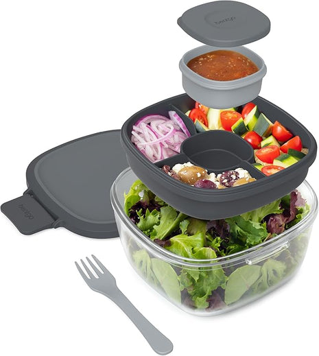Bentgo Glass All-in-One Salad Container - Large 61-oz Salad Bowl with Lid, 4-Compartment Bento-Style Tray, 3-oz Sauce Container, and Reusable Fork - Dishwasher, Microwave, and Oven Safe (Dark Gray)