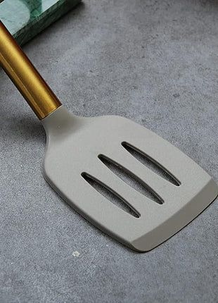 Berglander Non-stick Silicone Slotted Turner with Titanium Gold Plated Handle for Cooking, Dishwasher Safe, Easy to Clean
