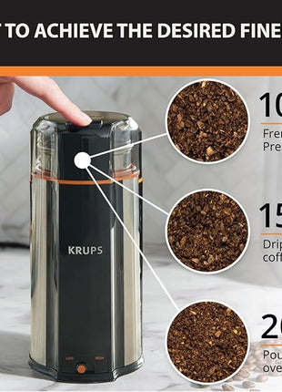 KRUPS: 3oz Coffee Grinder, Ultimate Silent Vortex Plastic and Stainless Steel Grinder with Removable Bowl Mess-Free, 8 Times Quieter, 2 Speeds 240 Watts,Dry Herbs,Dishwasher Safe,12 cups ground Silver