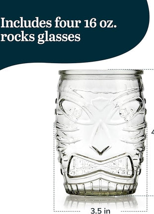 Libbey Tiki Statue Rocks Glasses Set, Iconic Mid Century Short Drinking Glasses Set of 4, Modern Cocktail Drinking Glasses for Backyard Parties