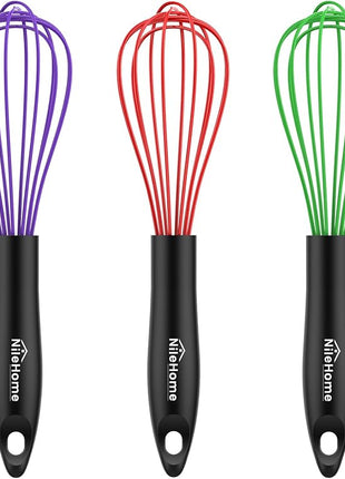 NileHome Silicone Whisk Set, 3 Pack Kitchen Whisk 10" Kitchen Wisk Wire Whisks for Cooking, Whisking, Blending, Beating, Stirring-Multicolor