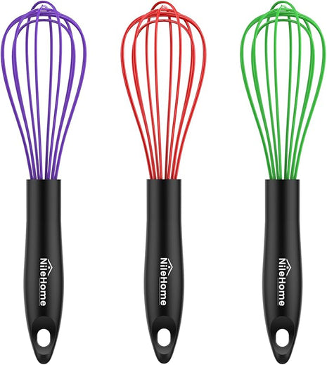 NileHome Silicone Whisk Set, 3 Pack Kitchen Whisk 10" Kitchen Wisk Wire Whisks for Cooking, Whisking, Blending, Beating, Stirring-Multicolor
