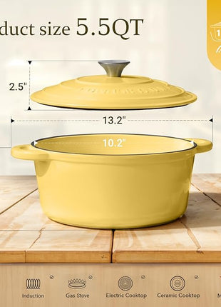 Overmont Enameled Cast Iron Dutch Oven - 5.5QT Pot with Lid Cookbook & Cotton Potholders - Heavy-Duty Cookware for Braising, Stews, Roasting, Bread Baking Goose Yellow