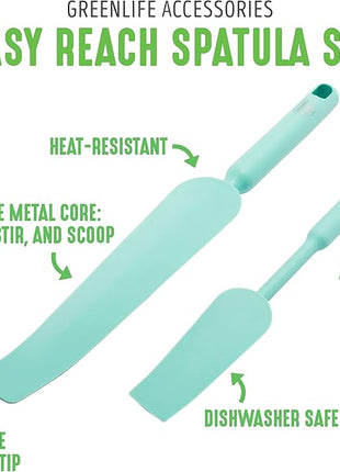 GreenLife Cooking Tools and Utensils, Easy Reach Silicone Spatula Set for Baking Mixing and Stirring, Heat and Stain Resistant, Dishwasher Safe, Turquoise