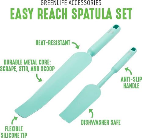 GreenLife Cooking Tools and Utensils, Easy Reach Silicone Spatula Set for Baking Mixing and Stirring, Heat and Stain Resistant, Dishwasher Safe, Turquoise