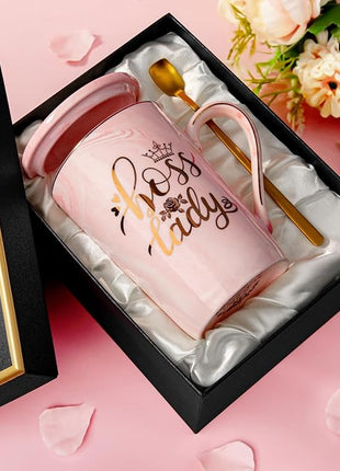 Biching Boss Lady Gifts for Women - Unique Birthday Gift for Women, Friend, Coworkers, Colleagues, Boss Female - Appreciation Mothers Day Gifts - 14Oz Marble Ceramic Coffee Mug Pink