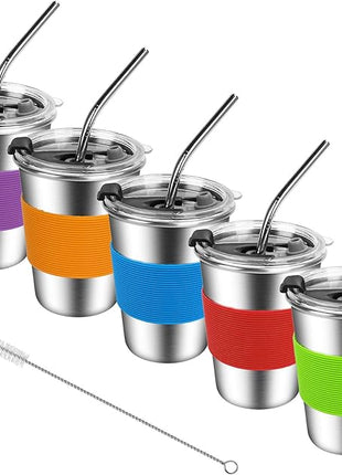 Kids Stainless Steel Cups, Kids Metal Drinking Glasses with Lids, Stainless Steel Straws and Sleeves, 12oz Reusable Water Tumbler for Children and Adults, Apply to Indoor and Outdoor