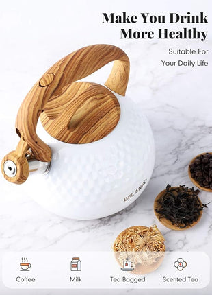BELANKO 2.7 Quart Tea Kettle for Stovetop - Food Grade Stainless Steel with Diamond Texture, Designer Teapot Look, Cool-Touch Wood Pattern Handle, Whistling Spout - Gloss White