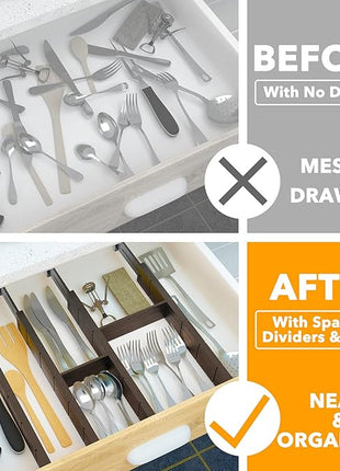 SpaceAid Bamboo Drawer Dividers with Inserts and Labels, Kitchen Adjustable Drawer Organizers, Expandable Organization for Home, Office, Dressers, 4 Dividers with 9 Inserts (17"-22" Black)