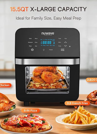 Nuwave Brio 15.5Qt 10-IN-1 Air Fryer Rotisserie Oven, XL Family Size, Even & Crisp AirFry, Reheat, Roast, Dehydrate for Quick Meals, 50°-425°F Control, 100 Presets & 50 Memory, Dishwasher-Safe, 1800W