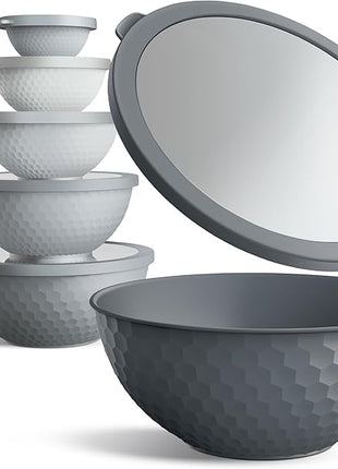 COOK WITH COLOR Mixing Bowls with Lids - 12 Piece Plastic Nesting Bowls Set includes 6 Prep Bowls and 6 Lids, Non Slip Bottom and Embossed Design - Microwave Safe (Grey)