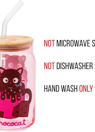 Silver Buffalo Sanrio Hello Kitty & Friends Chococat Chocolate Pink Glass Jar Tumbler with Bamboo Lid and Glass Straw, 16 Ounces
