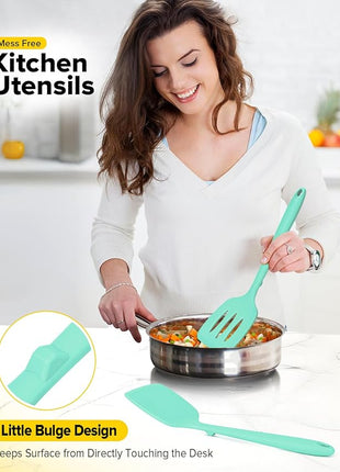 Pack of 2 Silicone Spatula Turners, Non Stick Slotted Kitchen Spatula Set, Heat Resistant BPA Free Kitchen Utensils, One-Piece Design, Suitable for Flipping Fish, Eggs, Steak, Pancakes (GREEN)