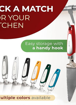 Orblue Pie Server, Essential Kitchen Tool, Serrated on Both Sides, Great for Right or Left Handed Chef, Stainless Steel Flatware, Cake Cutter, Red