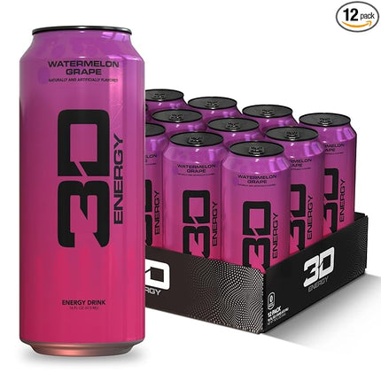 3D Energy Drink – Sugar Free, 200mg Caffeine, Pre Workout, Taurine, L-Carnitine, Lightly Carbonated, 16oz Cans, 12 Pack - Watermelon Grape