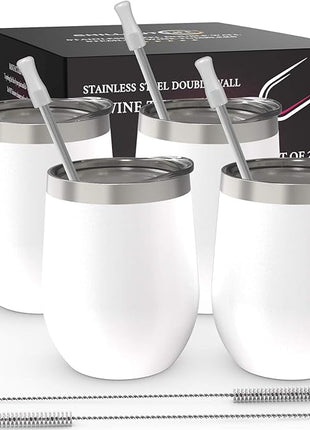 CHILLOUT LIFE 12 oz Stainless Steel Wine Tumblers 4 Pack - Double Wall Vacuum Insulated Wine Glasses Cups with Lids and Straws Set Keeping Cold & Hot for Coffee, Beer, Ice Cream - Powder Coated White
