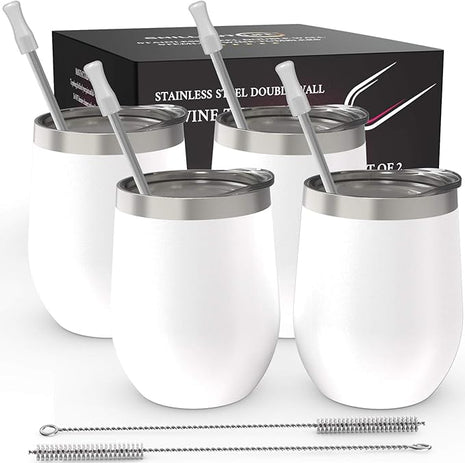 CHILLOUT LIFE 12 oz Stainless Steel Wine Tumblers 4 Pack - Double Wall Vacuum Insulated Wine Glasses Cups with Lids and Straws Set Keeping Cold & Hot for Coffee, Beer, Ice Cream - Powder Coated White