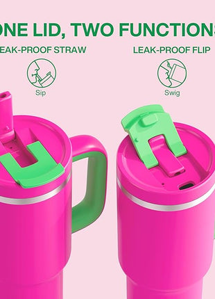 40 oz Tumbler with Handle and Straw: Stainless Steel Insulated Tumbler Keeps Cold for 24 Hours, Leakproof Travel Cup Fits in Cup Holder and BPA-Free,Knockout Pink