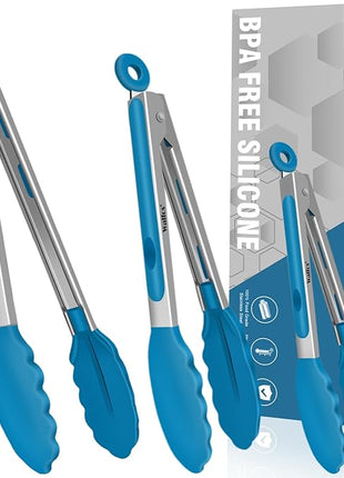 Walfos Kitchen Tongs - 7" 9" and 12" Heat Resistant Food tongs, Thickened Stainless Steel and BPA Free Silicone Tips, Great for Cooking, Grilling, Turning, Dishwasher safe(3 blue silicone tongs)
