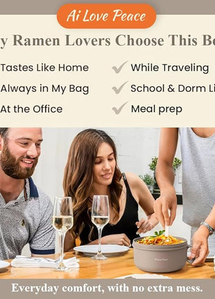 AI LOVE PEACE Ramen Bowl, 40 oz Microwaveable Noodle Cooker for Ramen, Pho, Soup, and Pasta, Dishwasher Safe and Portable, Ideal for Home, Office, Dorm, or Gift (Beige)