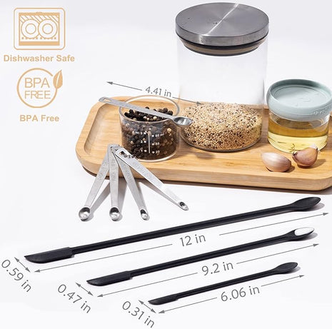 8 Pcs Mini Silicone Spatula Mini Measuring Spoons Set, Reusable Double-ended Tiny Silicone Spoon Spatula and Stainless Steel Small Measuring Spoons for Kitchen Cooking Spice Jars Bottle (Black)