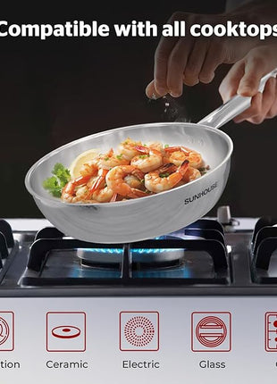 SUNHOUSE 11 Inch Tri-Ply Stainless Steel Frying Pan, Whole-Clad No Coatings Skillet with Stay-cool Handle for Cooking, Durable & Oven Safe to 500°F, Dishwasher Safe, Compatible with All Cooktops