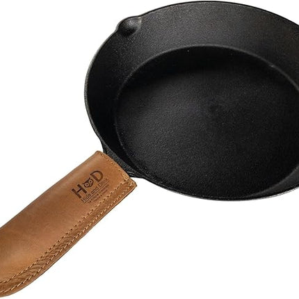 Hide & Drink, Full Grain Leather Hot Handle, Cast Iron Protector, Panhandle Potholder, Double Layered, Double Stitched, Slides On/Off Easily onto Metal Skillet Grips, Handmade, Single Malt Mahogany