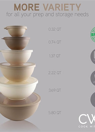 COOK WITH COLOR Mixing Bowls with TPR Lids - 12 Piece Plastic Nesting Bowls Set includes 6 Prep Bowls and 6 Lids, Microwave Safe (Brown)