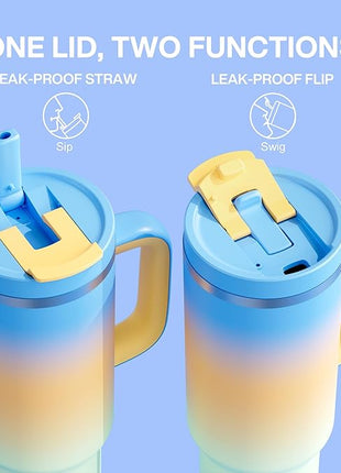 40 oz Tumbler with Handle and Straw: Stainless Steel Insulated Tumbler Keeps Cold for 24 Hours, Leakproof Travel Cup Fits in Cup Holder and BPA-Free, Sunny Breeze