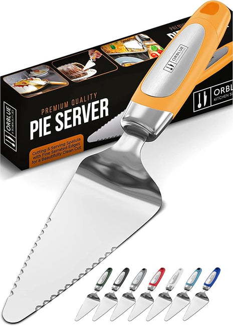 Orblue Pie Server, Essential Kitchen Tool, Serrated on Both Sides, Great for Right or Left Handed Chef, Stainless Steel Flatware, Cake Cutter, Orange