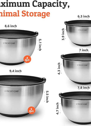 Priority Chef Premium Mixing Bowls With Lids Set, Airtight Lids, Thicker Stainless Steel, Non-Slip Base, 5 Nesting Steel Bowls for Kitchen, Large Prep Metal Bowl Set 1.5/2/3/4/5 Qt, Black