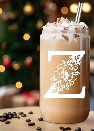 Coolife Initial Glass Cup, Monogrammed Gifts for Women, 16 oz Glass Cups w/Lids Straws, Iced Coffee Smoothie Beer Tumbler w/Straw Lid - Personalized Christmas, Birthday Gifts for Her Mom Friend Woman
