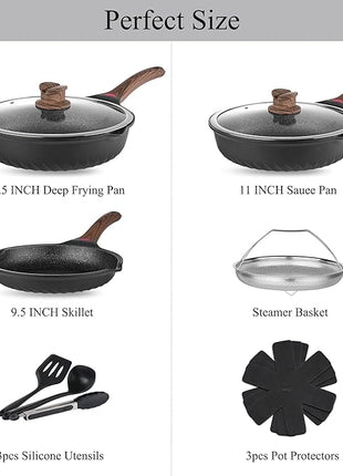 Vinchef Pots and Pans Set, 12pcs Nonstick Induction Kitchen Cookware Sets with Stay-Cool Handles, Frying Pans and Saute Pan with Lid, Silicone Cooking Utensil Sets and Pot Protectors, PFAS, PFOA Free