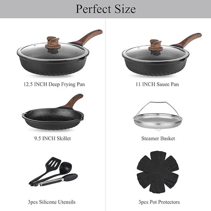 Vinchef Pots and Pans Set, 12pcs Nonstick Induction Kitchen Cookware Sets with Stay-Cool Handles, Frying Pans and Saute Pan with Lid, Silicone Cooking Utensil Sets and Pot Protectors, PFAS, PFOA Free