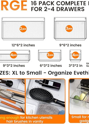 Criusia 16 Pack Large Clear Plastic Drawer Organizer Bins - 5 Size Acrylic Bathroom and Vanity Organizers and Storage Trays for Makeup Office Home, Kitchen Drawer Organizer for Utensils, Gadgets