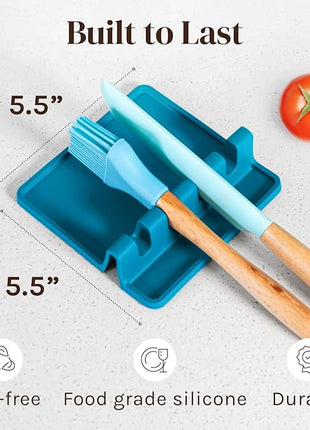 Light Blue Silicone Spoon Rest for Stove Top with Drip Pad (Two Pack) - Heat Resistant BPA Free Utensil Rest & Spoon Holder for Kitchen Counter - Grill Utensil Holder - Spatula Holder, Tongs, Ladle
