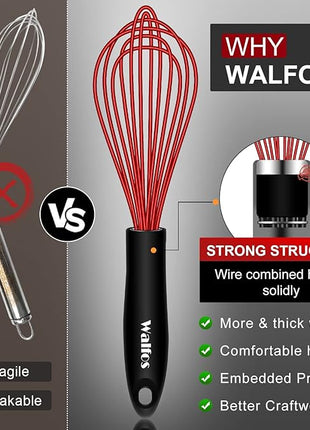 Walfos Whisk,Silicone Whisks- Heat Resistant（480°F） Silicone Whisks for Cooking Non Scratch,BPA free and Dishwasher Safe.Perfect for Blending,Whisking,Beating, Set of 3(Red)