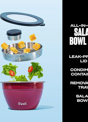 S'well Stainless Steel Salad Bowl Kit 64oz, Wild Cherry, Comes with 2oz Mini Canister and Removable Tray for Organization, Leakproof, Easy to Clean, Dishwasher Safe