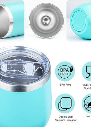 MEZMUT 12 Oz Insulated Wine Tumbler with Lid Double Wall Vacuum Stainless Steel Wine Glass Coffee Mug Insulated Tumbler Cup for Champaign, Cocktail, Beer (Teal, 4 Pack)